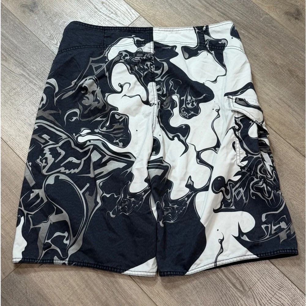 VTG Y2K Fox Racing Mens Board Shorts Size 36 Black White Graphic Swim Surf Cargo